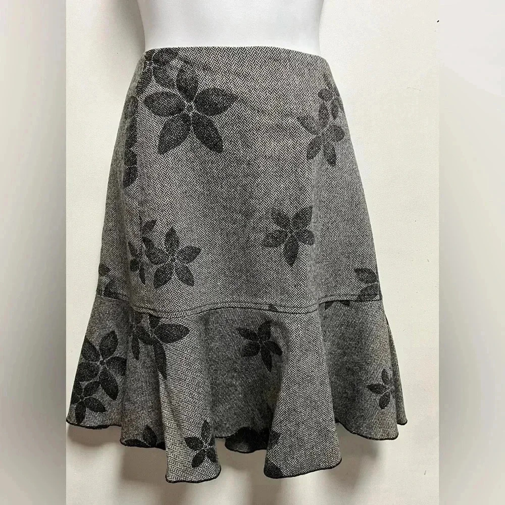 IDEOLOGY Wool Herringbone Tweed Mod Flower Mermaid Skirt Ruffled